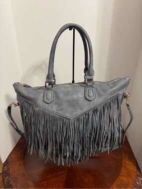 Fringed Tote Handbag in Gray - Chic Everyday Shoulder Bag
